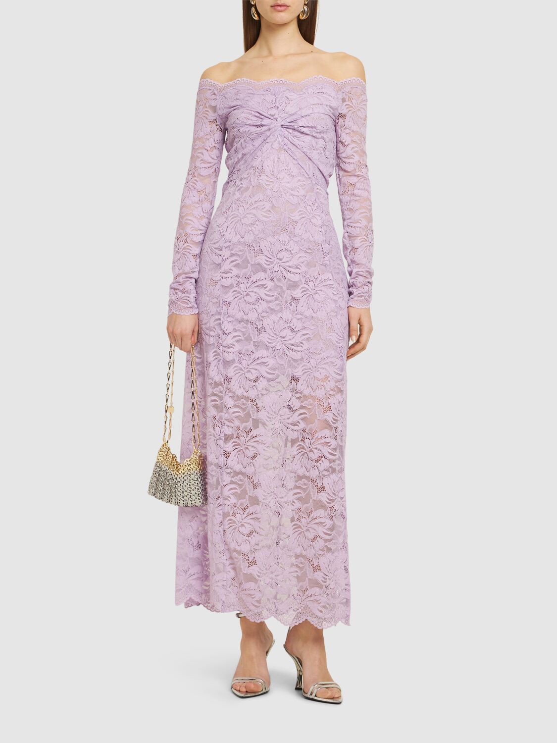 Rabanne Womens French Lavander Off-shoulder Long-sleeves Lace Midi Dress In Lilac