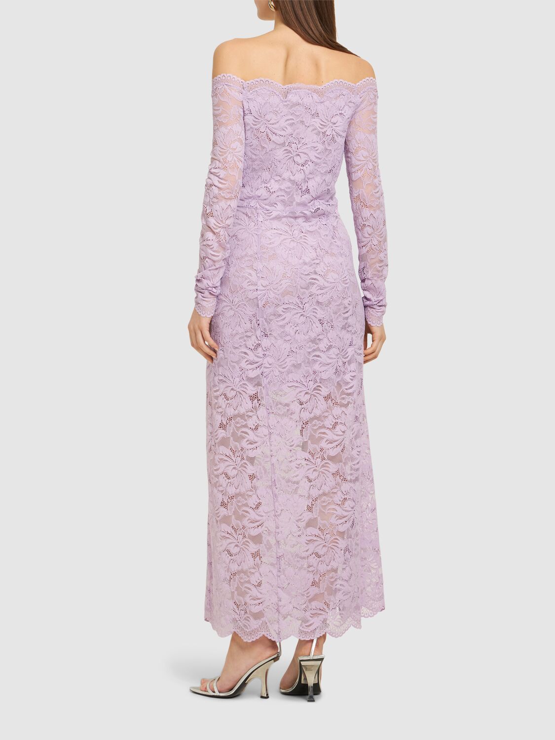 Rabanne Womens French Lavander Off-shoulder Long-sleeves Lace Midi Dress In Lilac