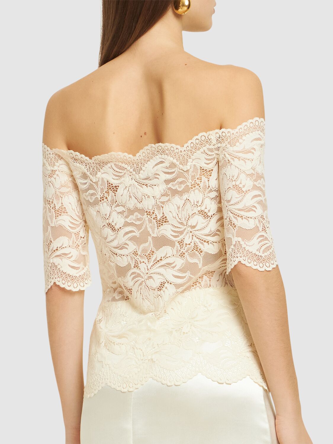 Rabanne Off-white Stretch Lace Short Sleeve Top In Ivory