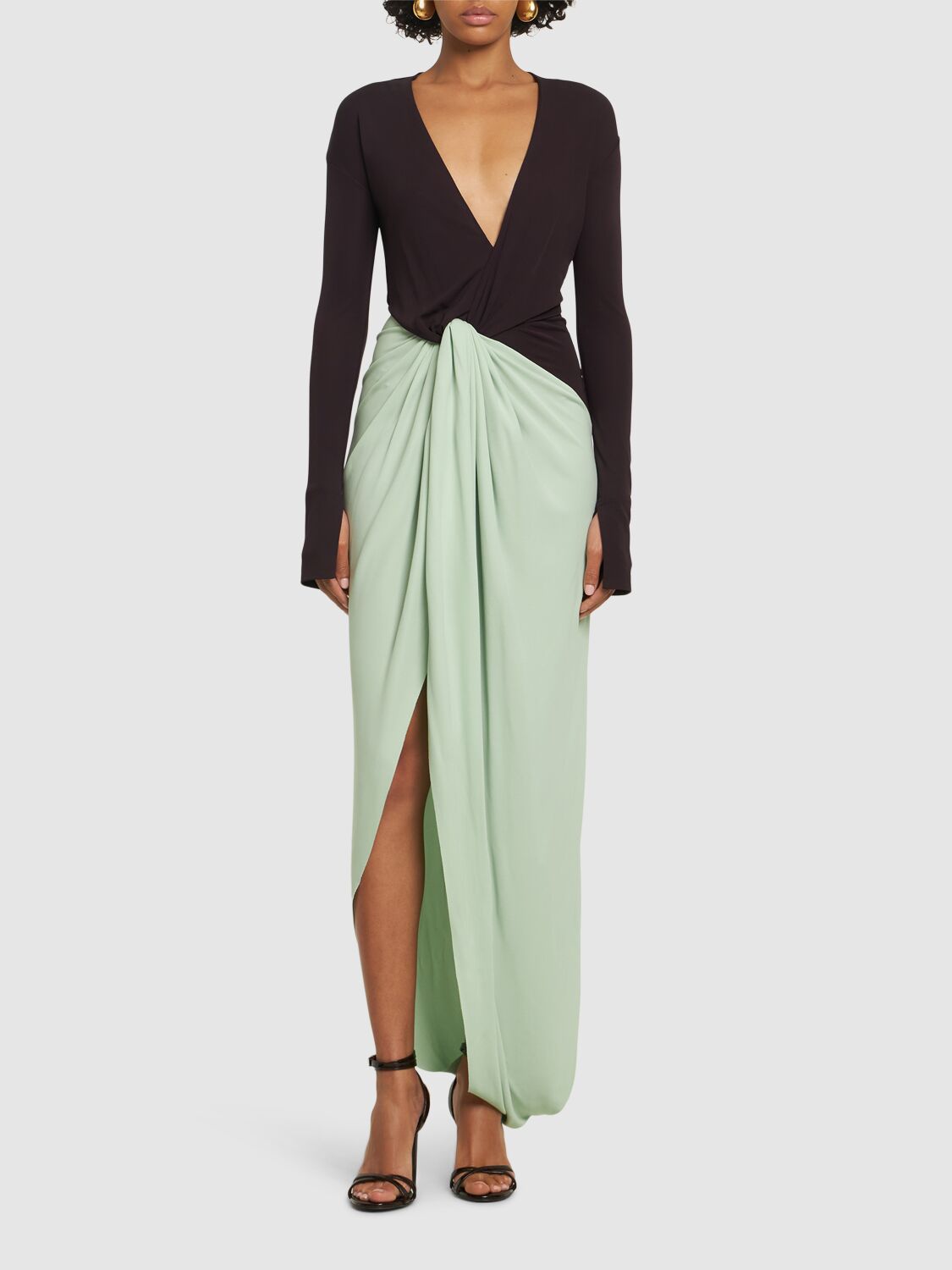 Victoria Beckham Knotted Jersey Gown In Bordeaux/green