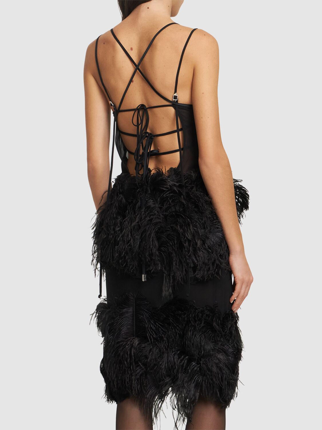 Shop Attico Embroidered Georgette Dress W/feathers In Black