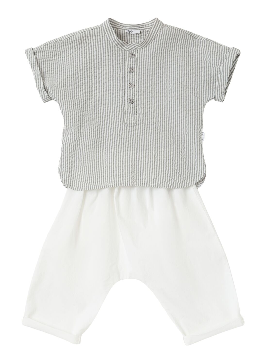 Il Gufo Cotton Seersucker Shirt & Pants In White/grey