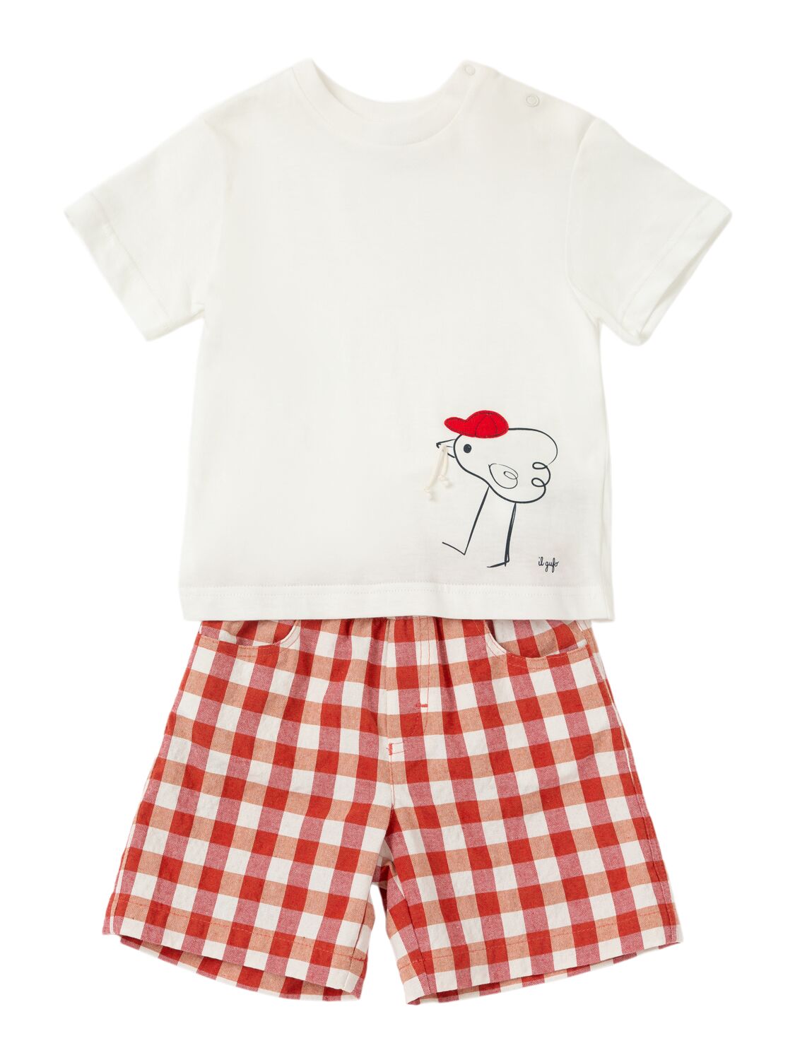 Il Gufo Printed T-shirt & Check Shorts In White/red