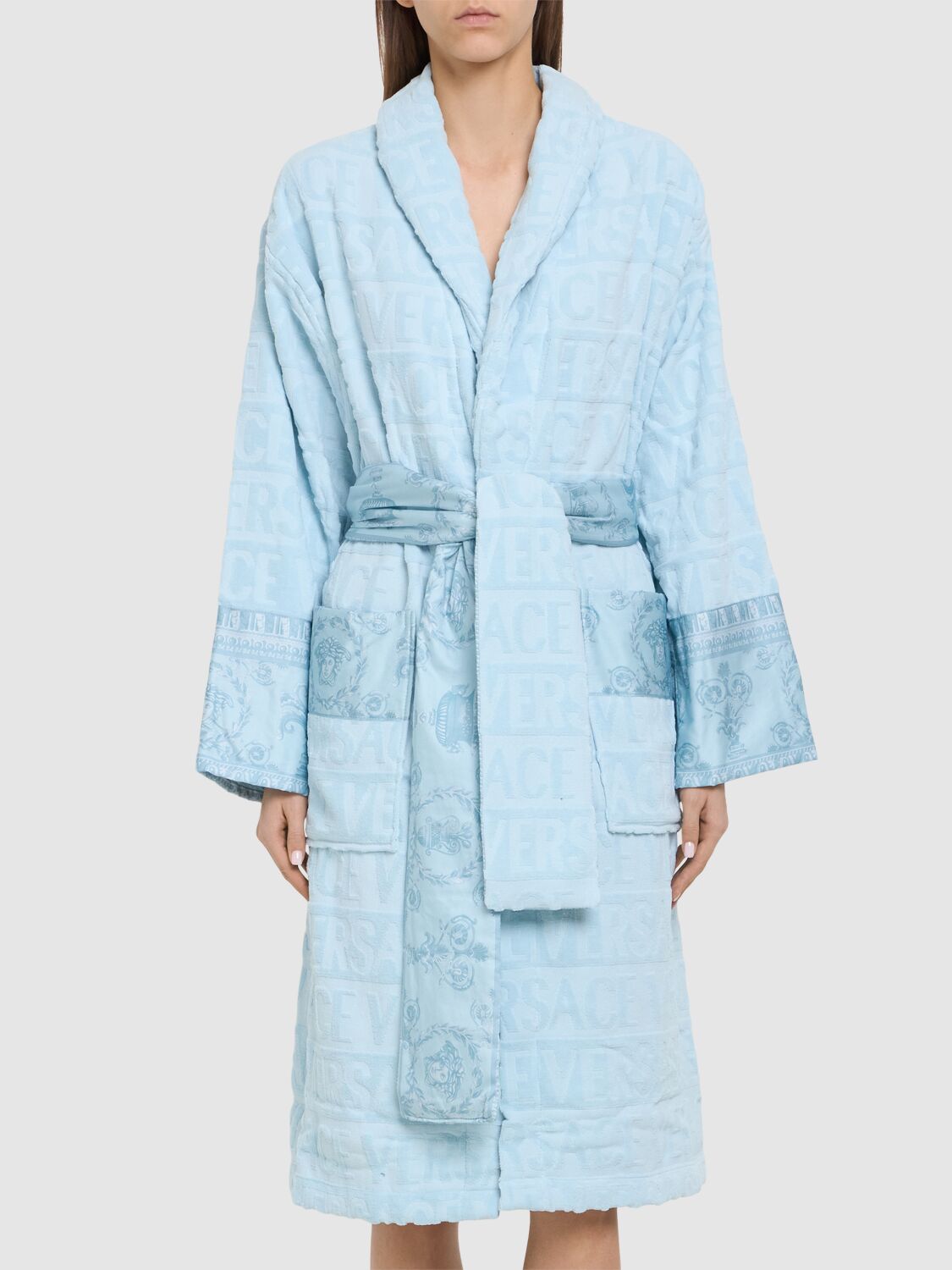 Shop Versace I Heart Baroque Bath Robe In Light Blue