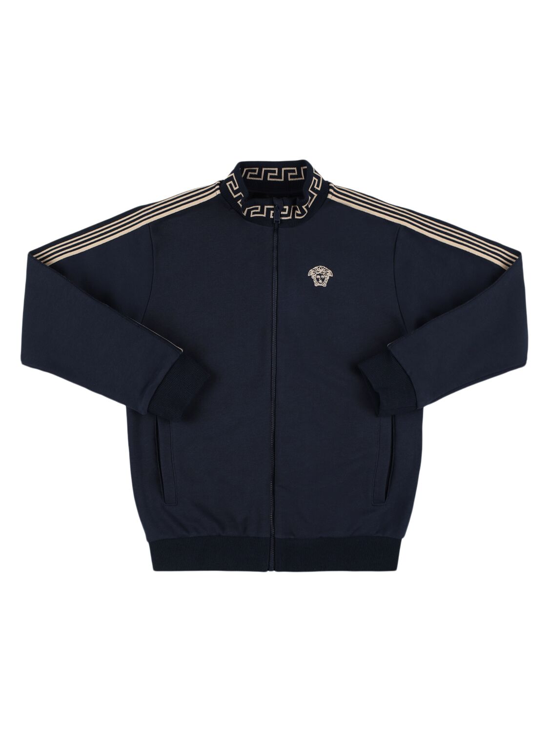 Versace Embroidered Cotton Zipped Sweatshirt In Navy