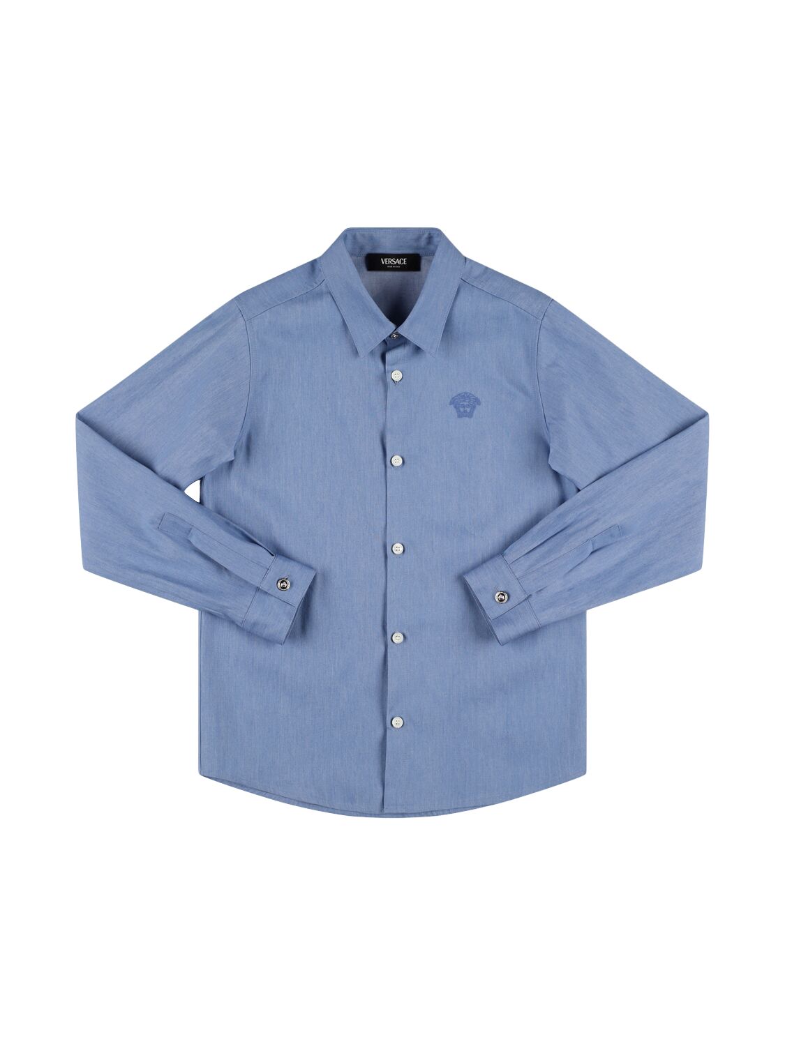Versace Cotton Denim Shirt W/logo In Light Blue