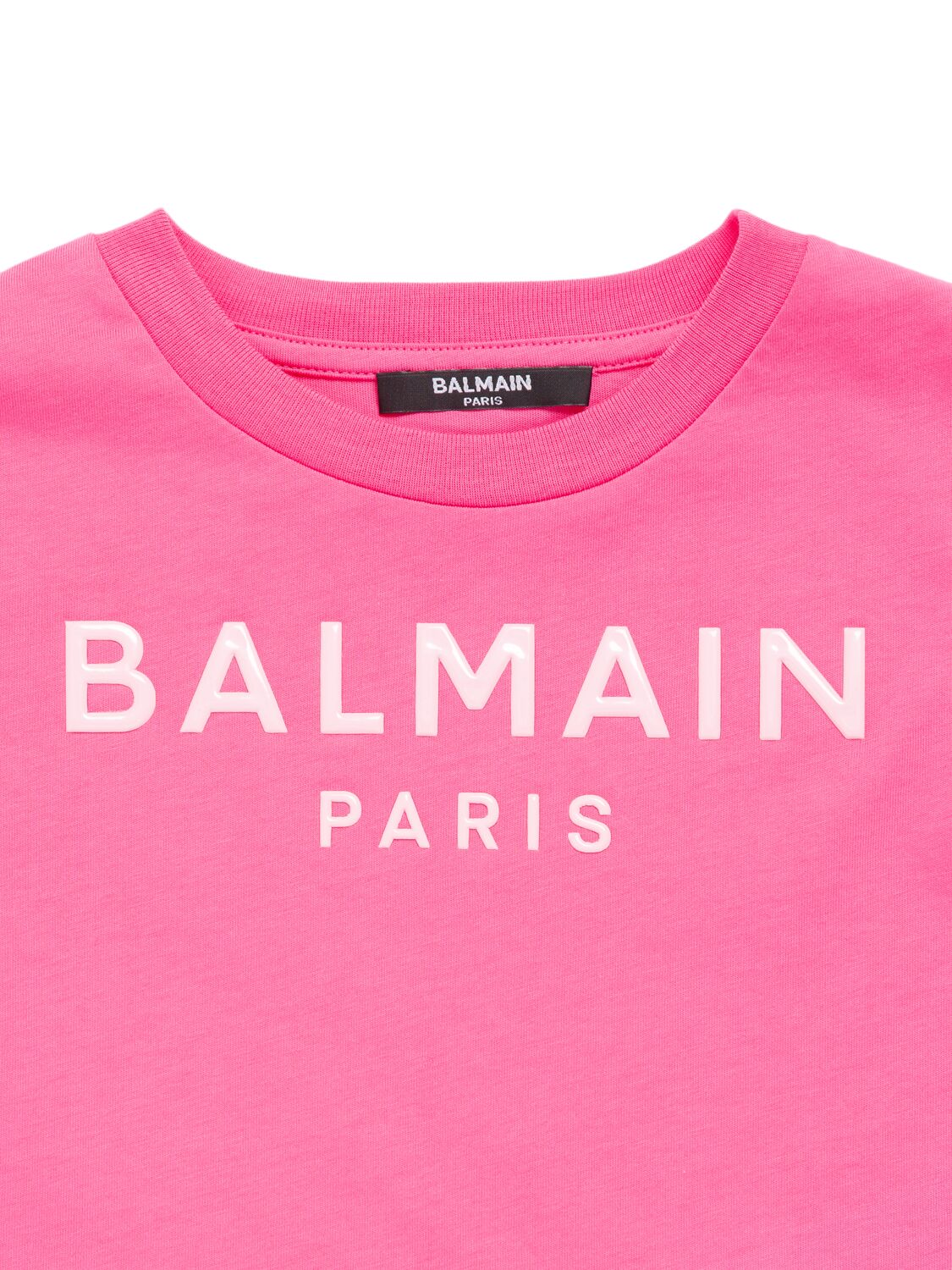 Shop Balmain Printed Cotton Jersey Cropped T-shirt In Fuchsia