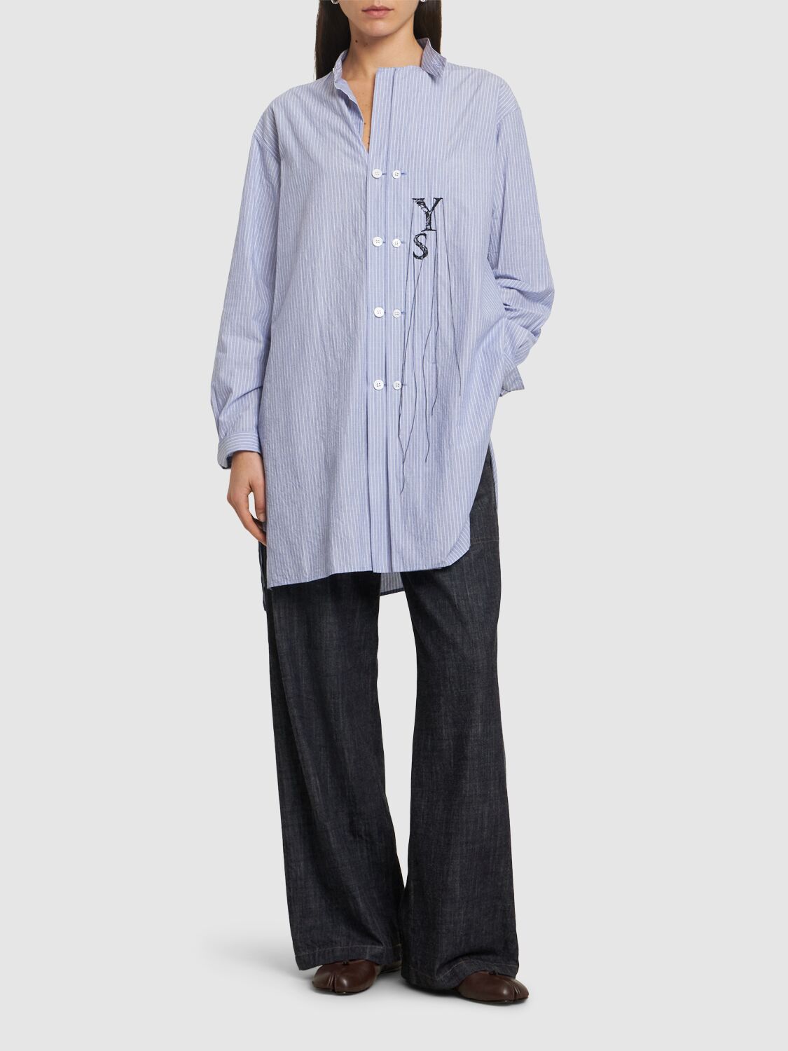Yohji Yamamoto Striped Cotton Doubled Shirt In Light Blue/white