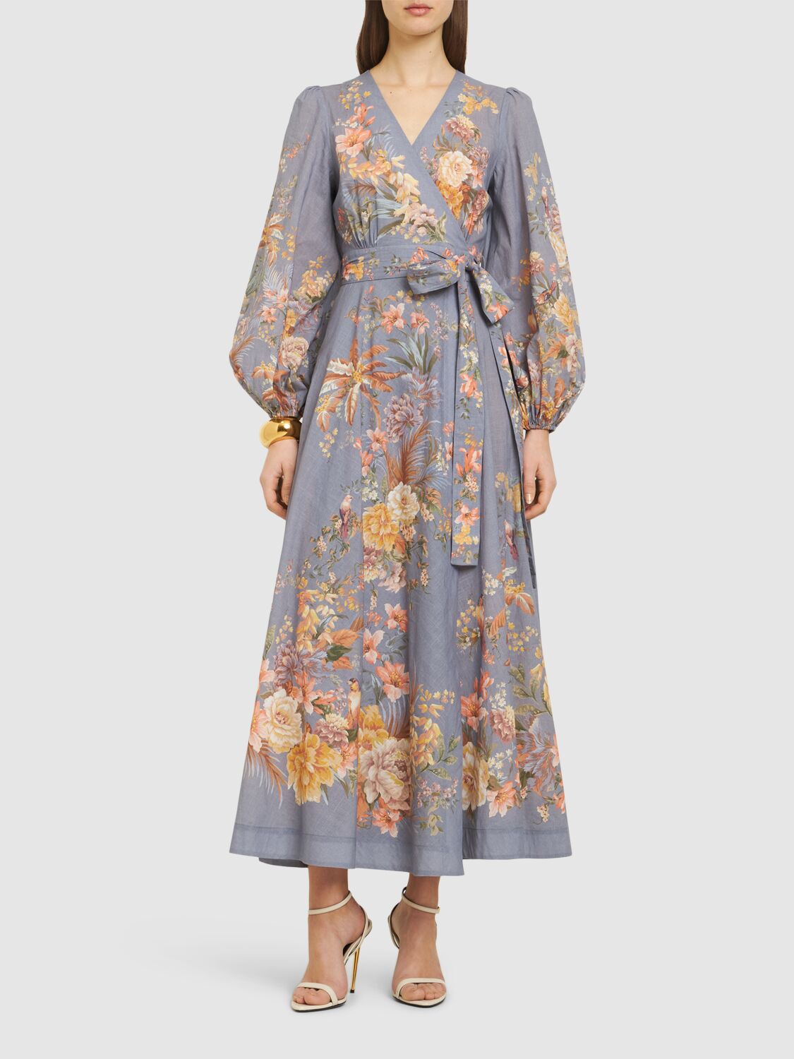 ZIMMERMANN TALLOW COTTON MIDI WRAP DRESS 