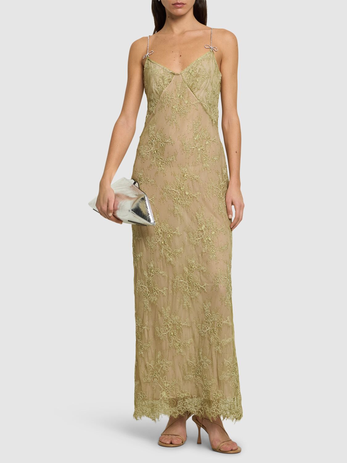 Shop Blumarine Rebrodé Lace Slip Dress In Light Green