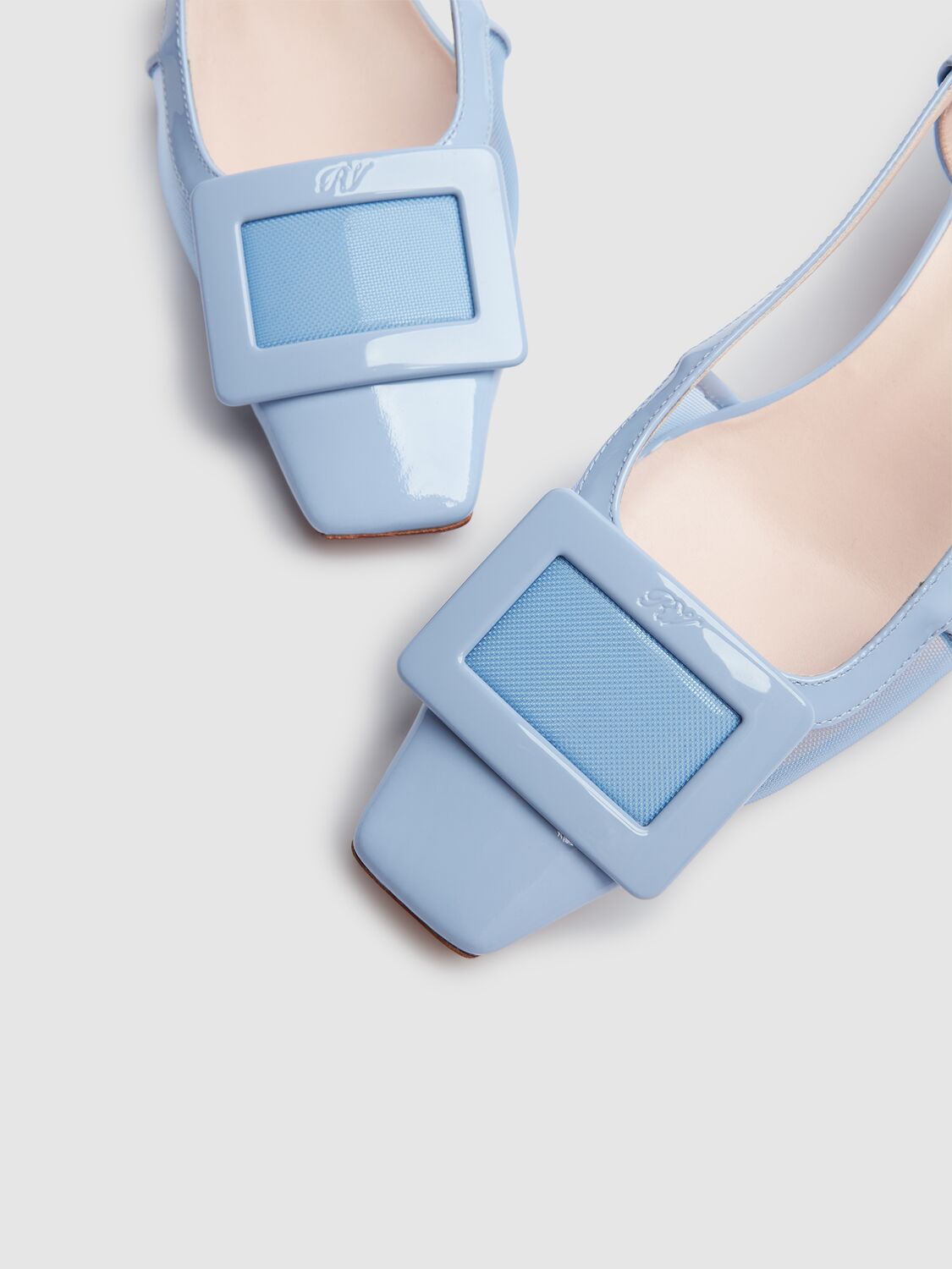 Roger Vivier Belle Vivier Buckled Patent-leather And Mesh Slingback Pumps In Celeste Blu