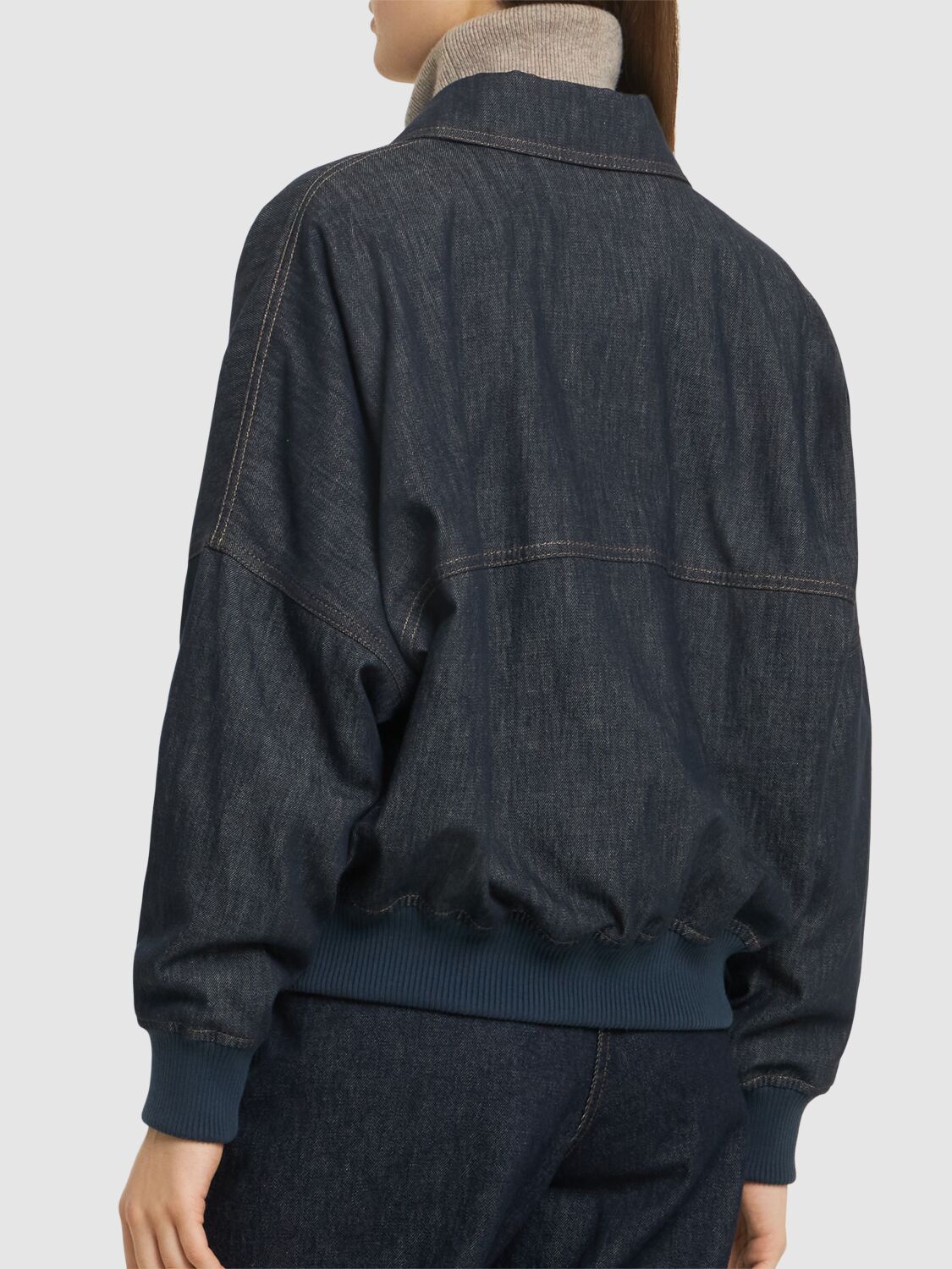 Brunello Cucinelli Denim-effect Twill Bomber Jacket With Shiny Zip In Blue