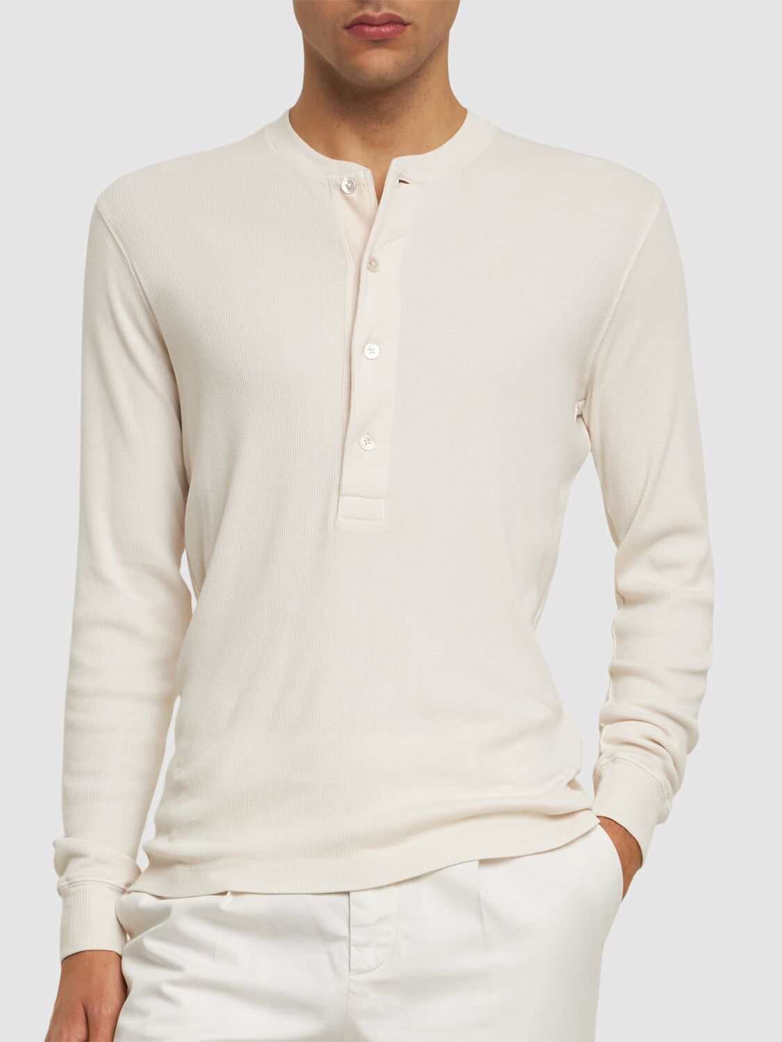 Shop Tom Ford Cotton & Modal Ribbed Henley T-shirt In Ivory