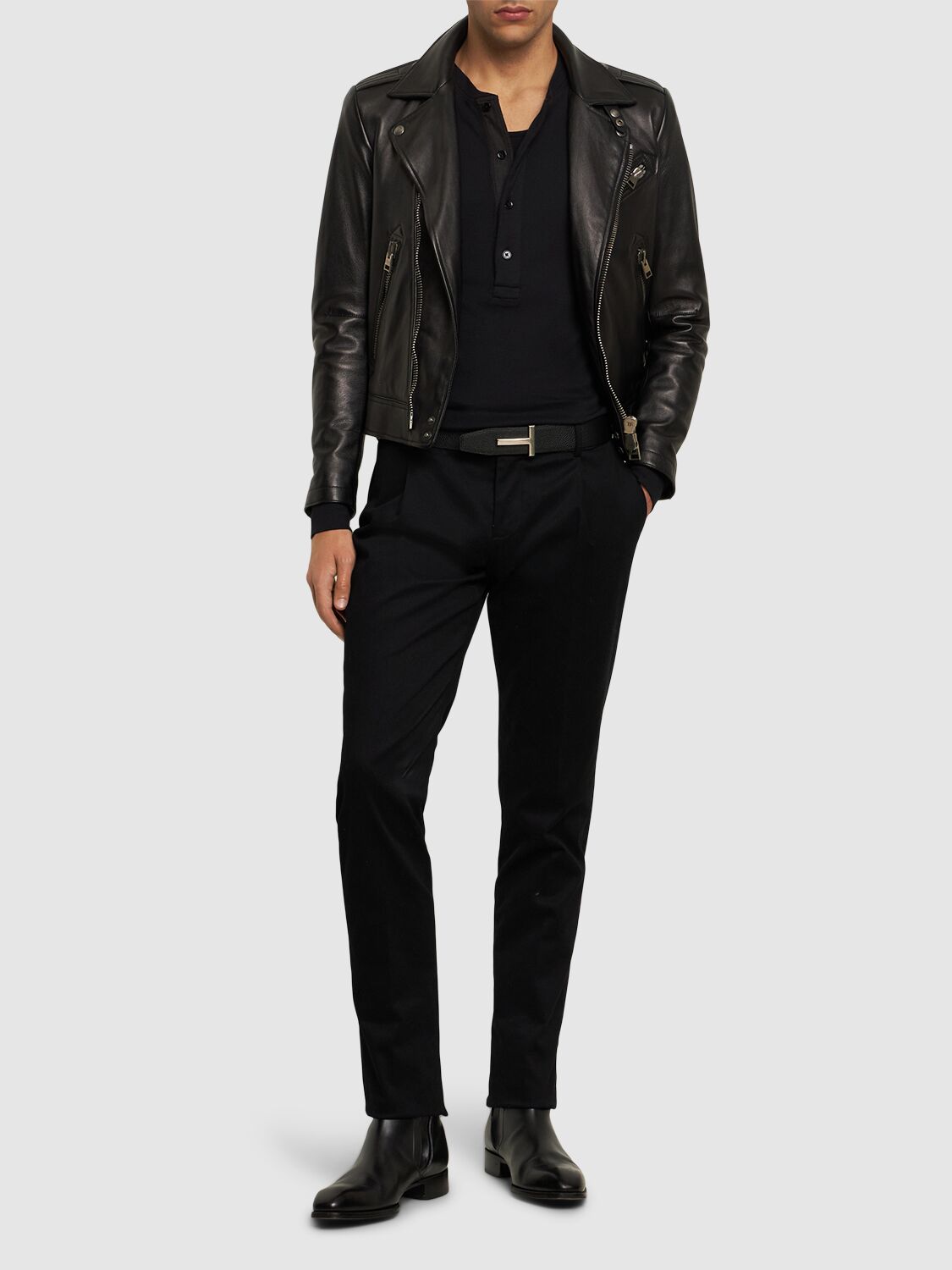 Tom Ford Mens Black Henley Ribbed Relaxed-fit Cotton-blend T-shirt In Black