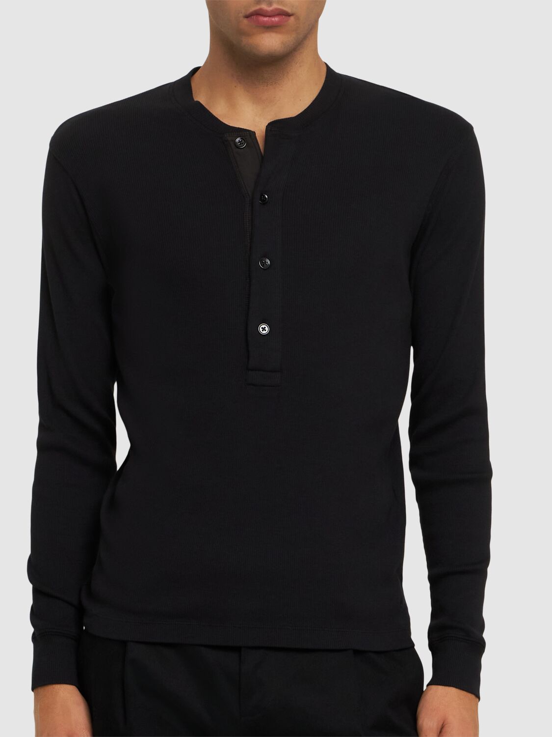 Tom Ford Mens Black Henley Ribbed Relaxed-fit Cotton-blend T-shirt In Black