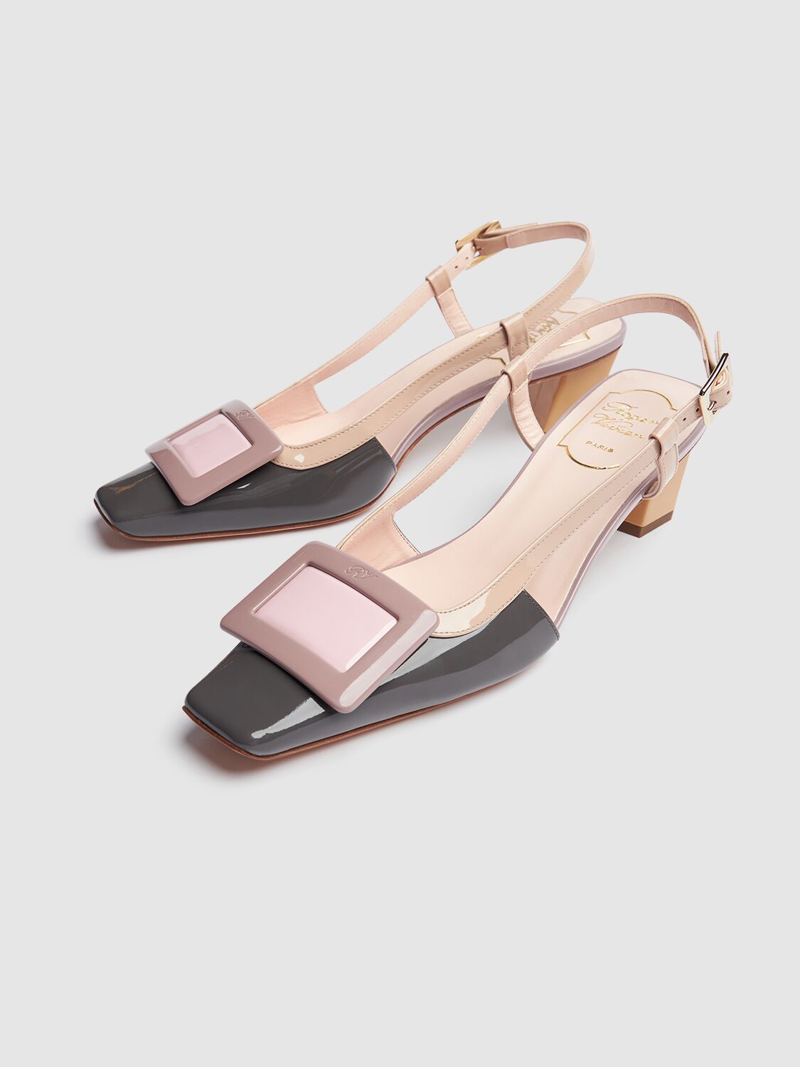 Roger Vivier Belle Vivier Covered Buckle Slingback Pumps In Patent Leather In Grey/beige