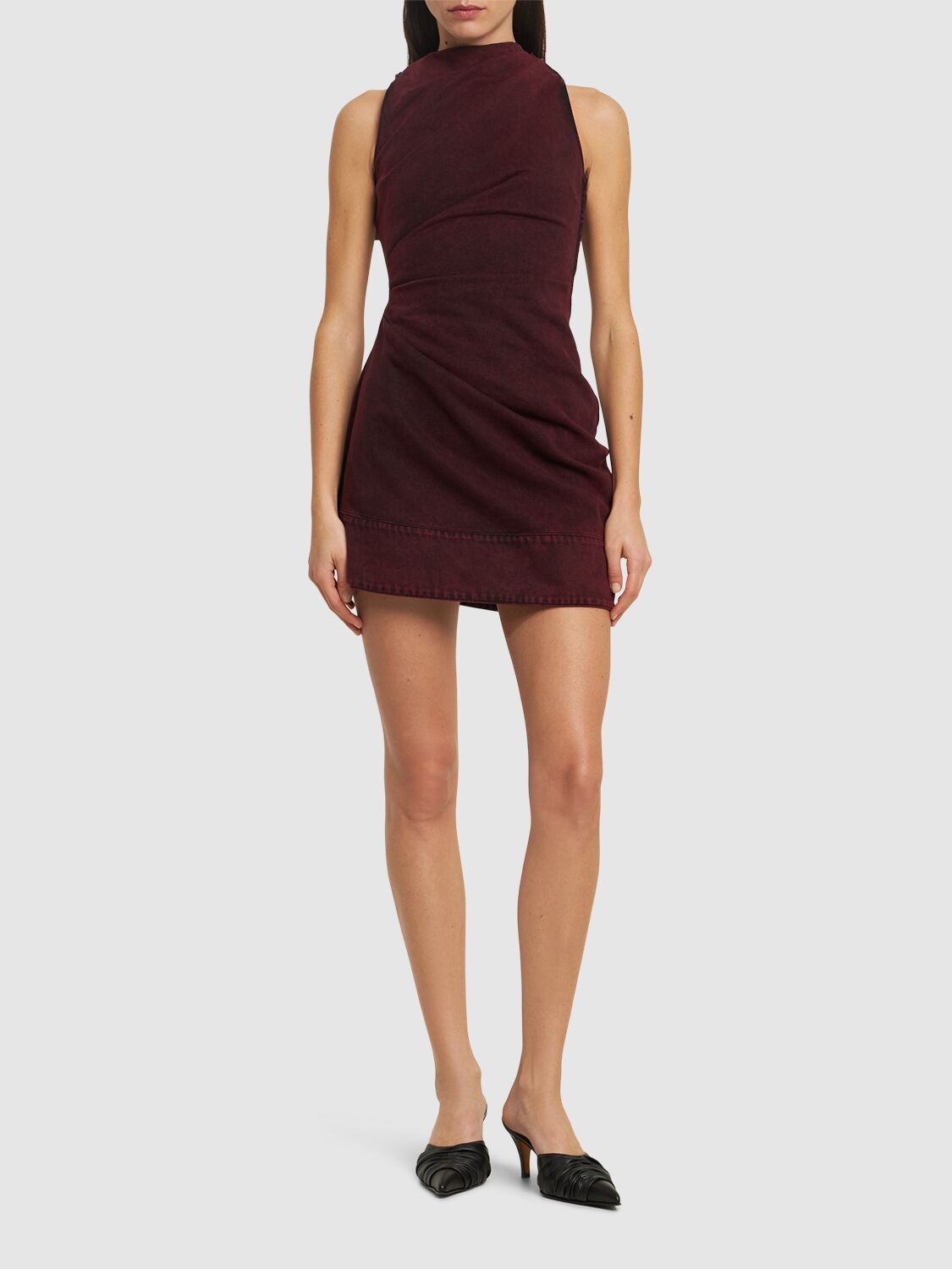 Alexander Mcqueen Red-wash Denim Draped Sleeveless Mini Dress In Dark Raspberry