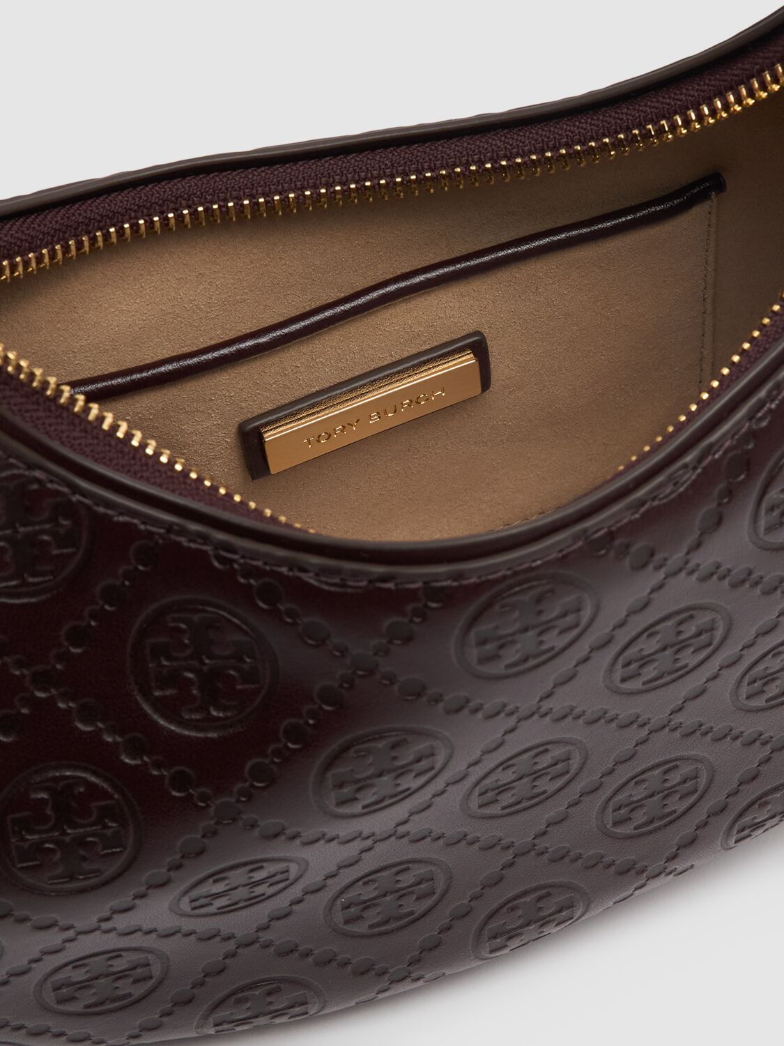 Shop Tory Burch T Monogram Leather Crescent Bag In Maroon