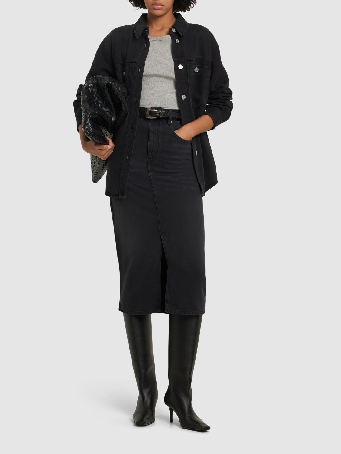 Shop Isabel Marant Tilauria Denim Midi Skirt In 水洗黑色