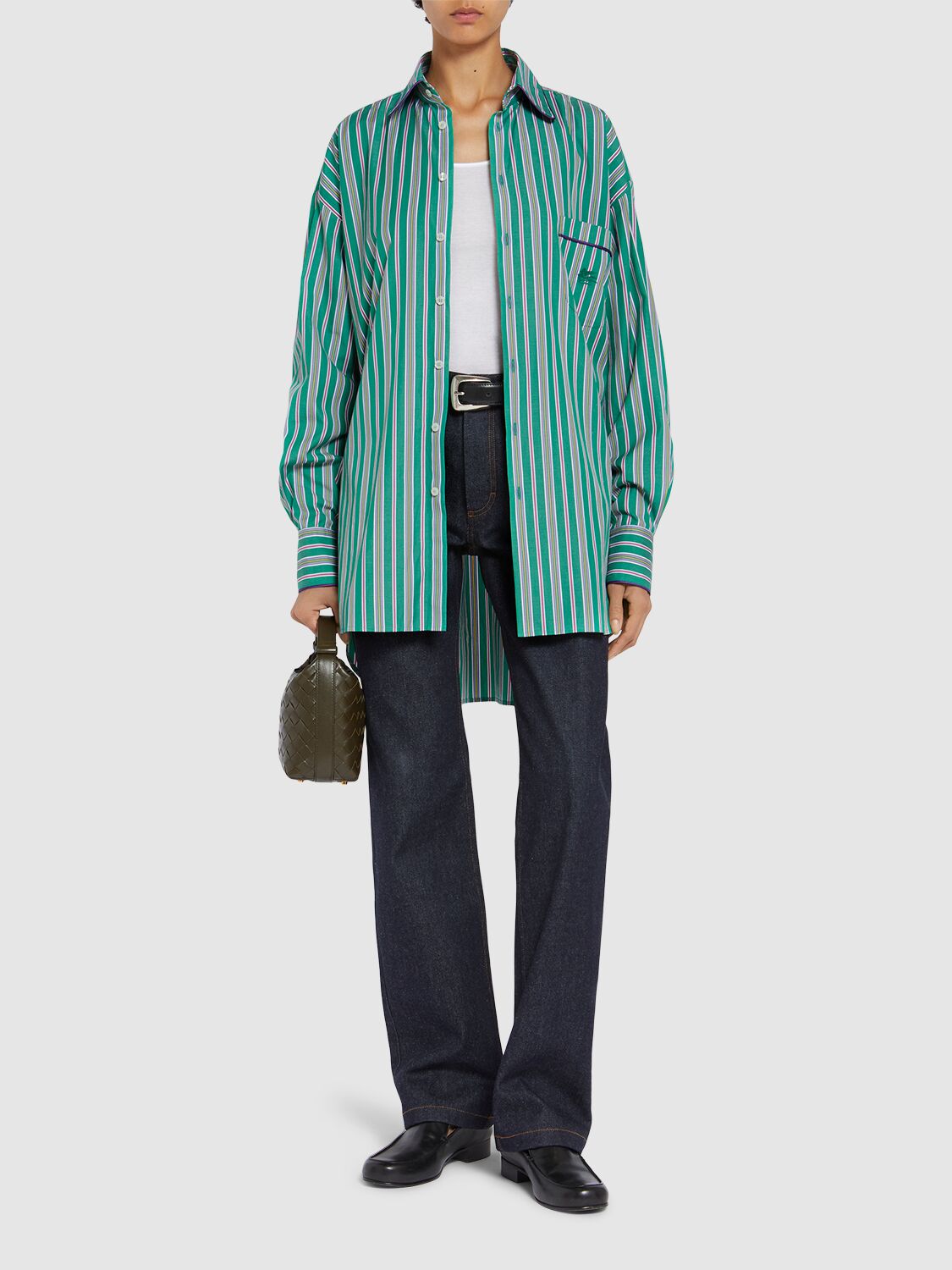 Etro Pocketed Collared Striped Long Sleeve Top In Green/multi