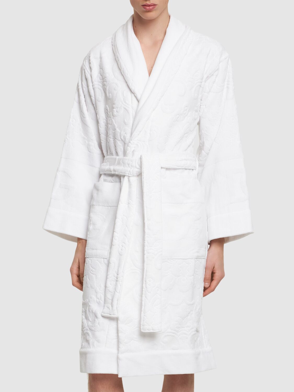 Dolce & Gabbana Cotton Terry Jacquard Bath Robe In Bianco