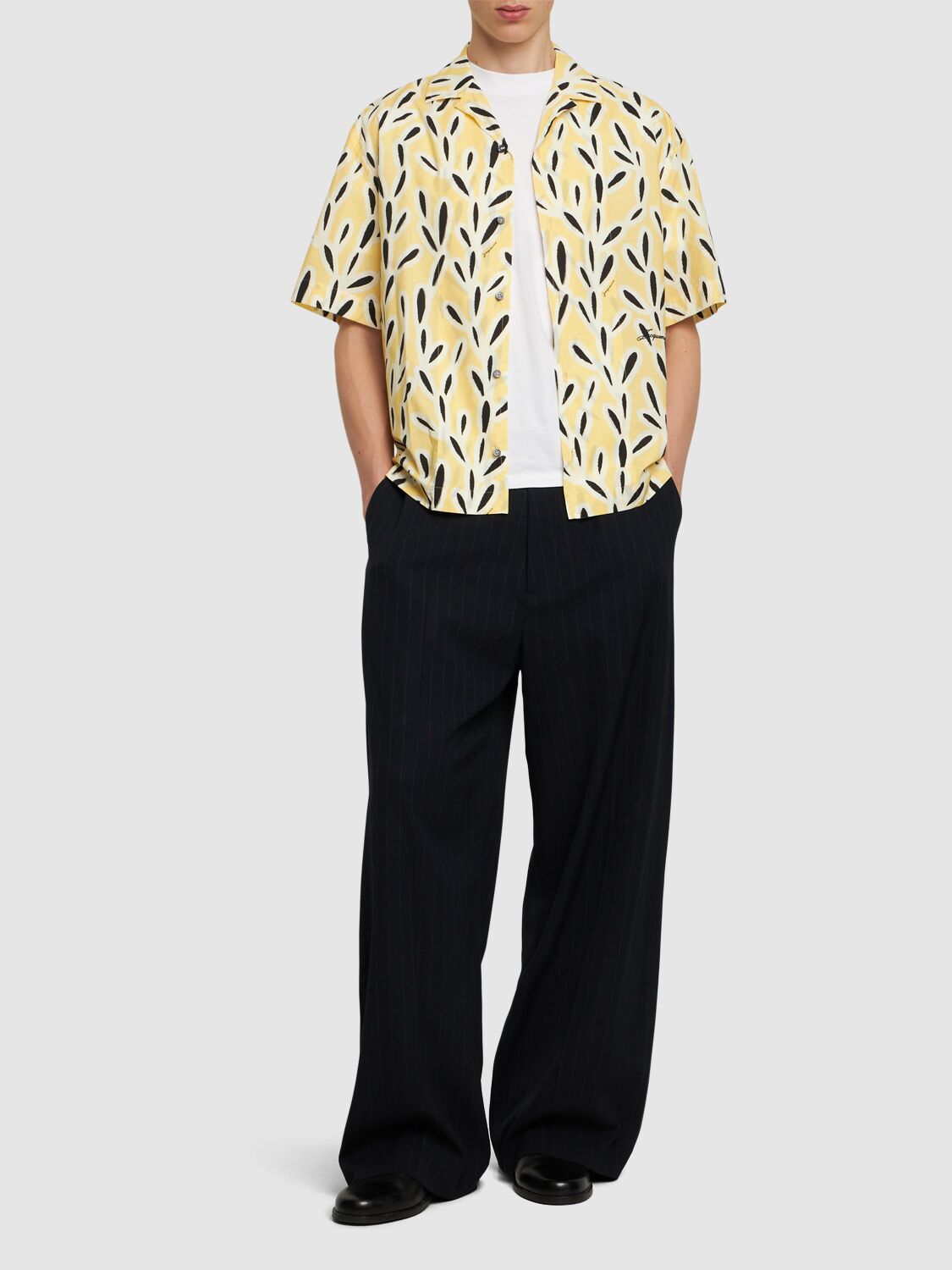 Jacquemus Yellow Cotton Jean Shirt With Playful Leaf Pattern In Yellow