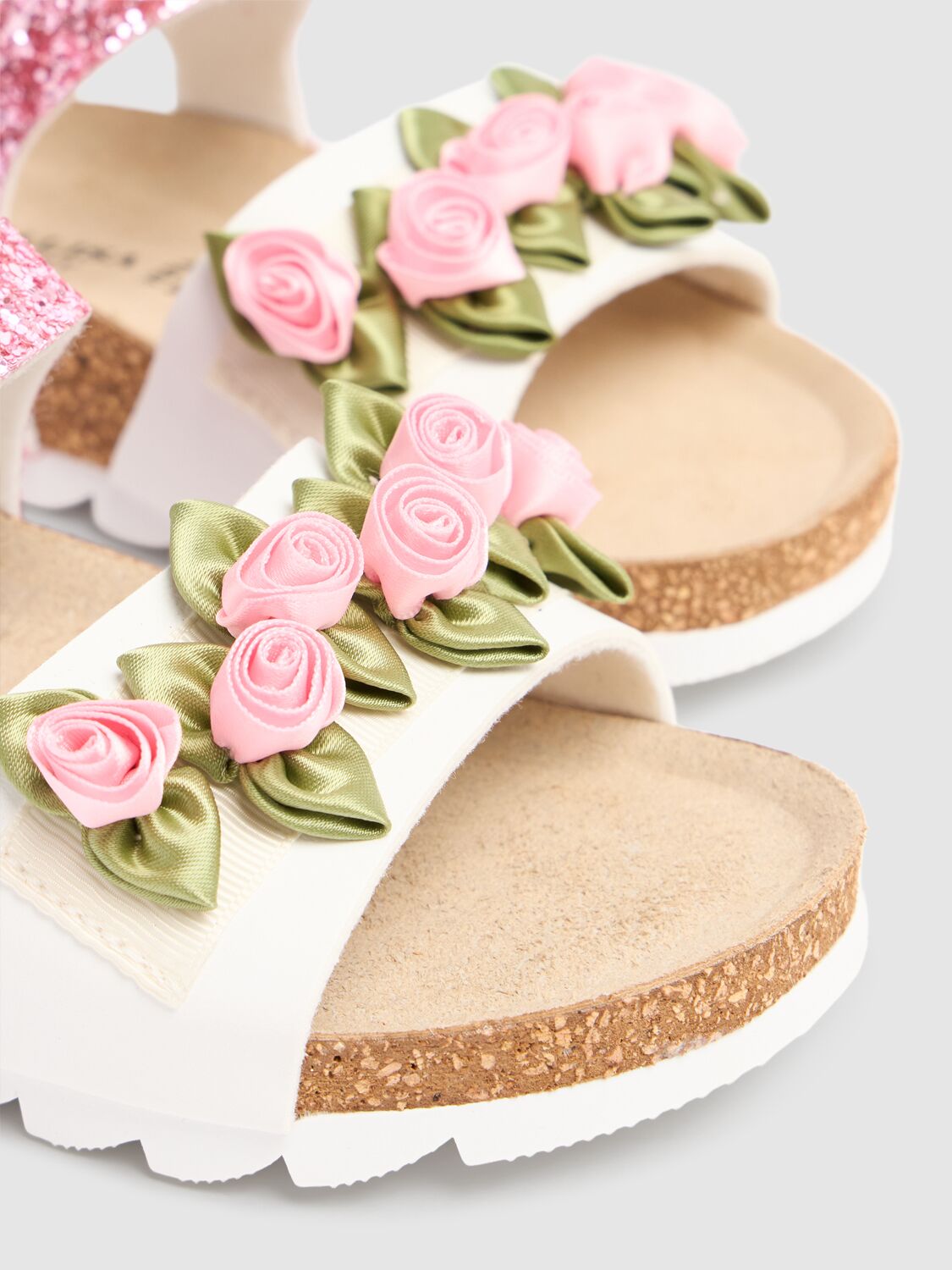 MONNALISA GLITTERED SANDALS W/ FLOWER APPLIQUÉ 