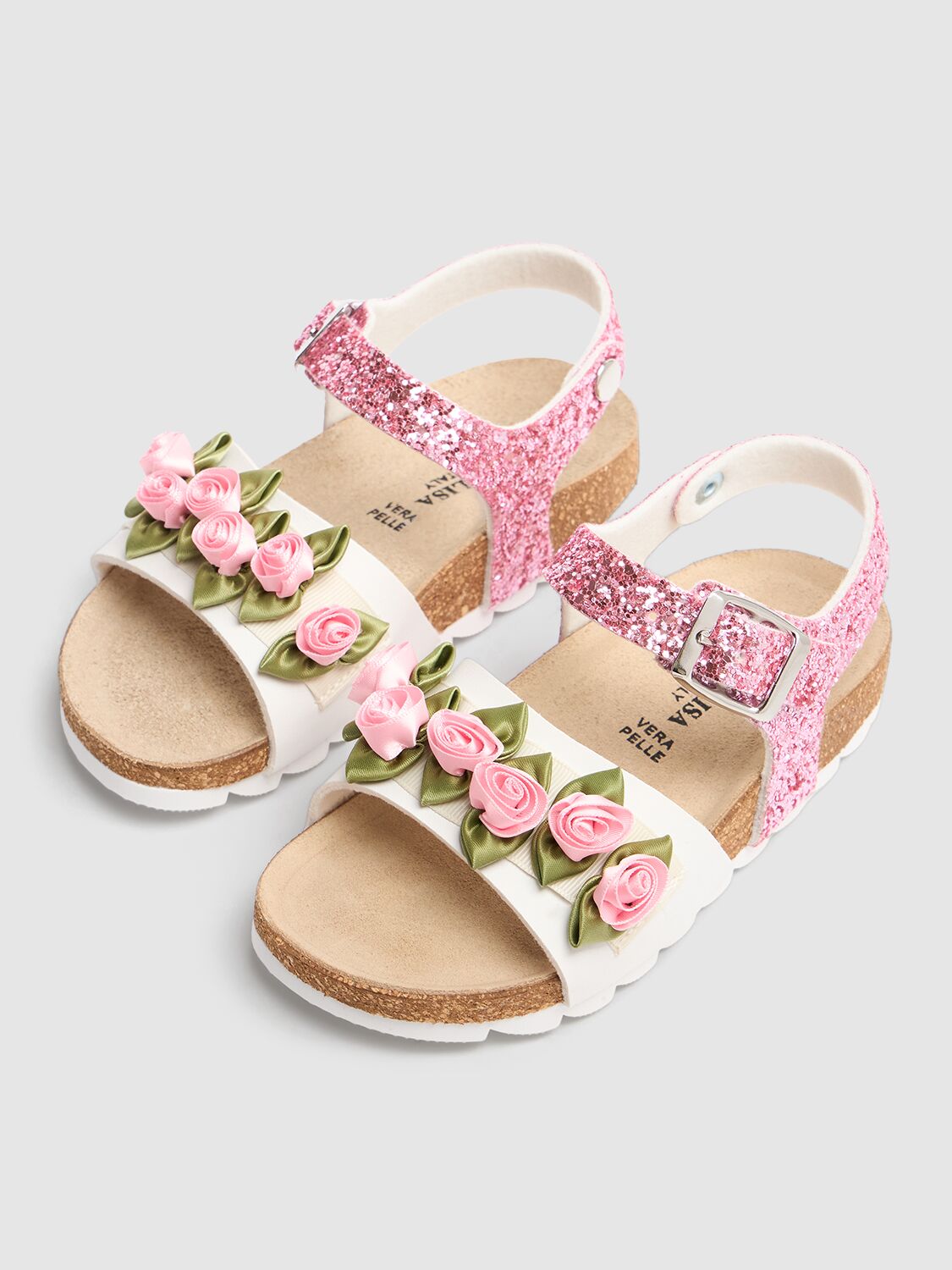 MONNALISA GLITTERED SANDALS W/ FLOWER APPLIQUÉ 