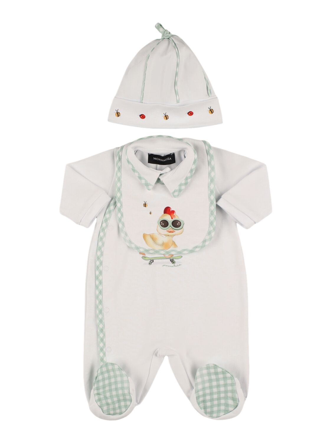 Monnalisa Printed Cotton Romper, Bib & Hat In White