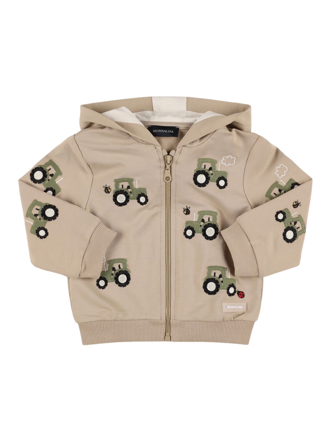 Monnalisa Printed Cotton Blend Zip-up Hoodie In Beige
