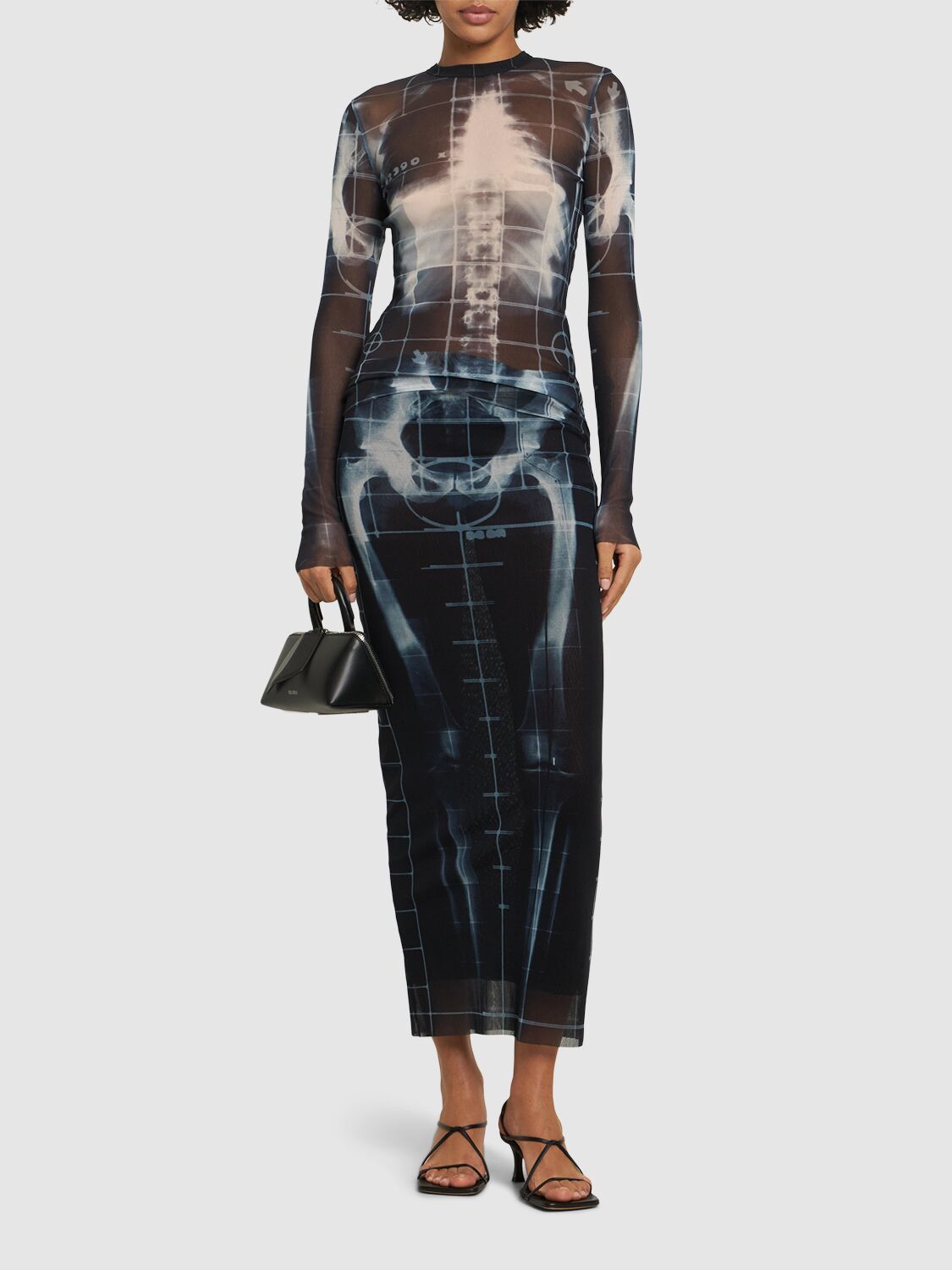 JEAN PAUL GAULTIER SQUELETOR PRINTED MESH LONG SLEEVE TOP 