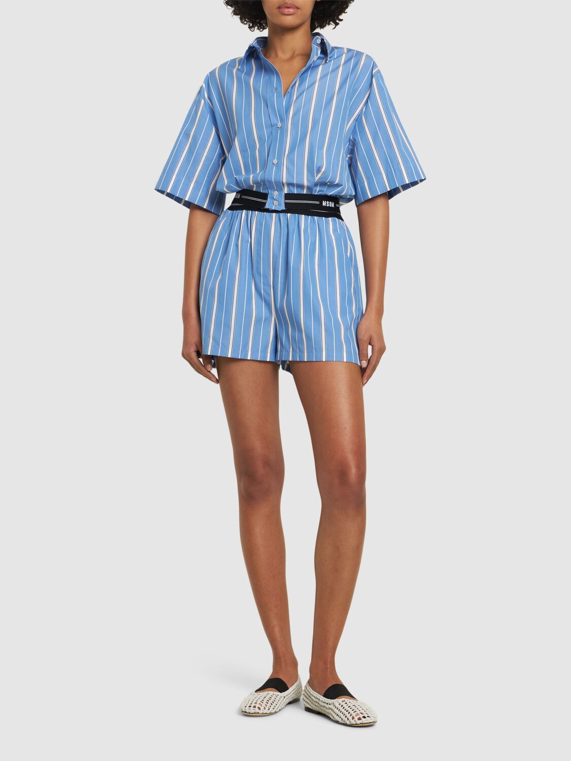 Msgm Collared Neck Cropped Top With Striped Pattern In Blue/multi
