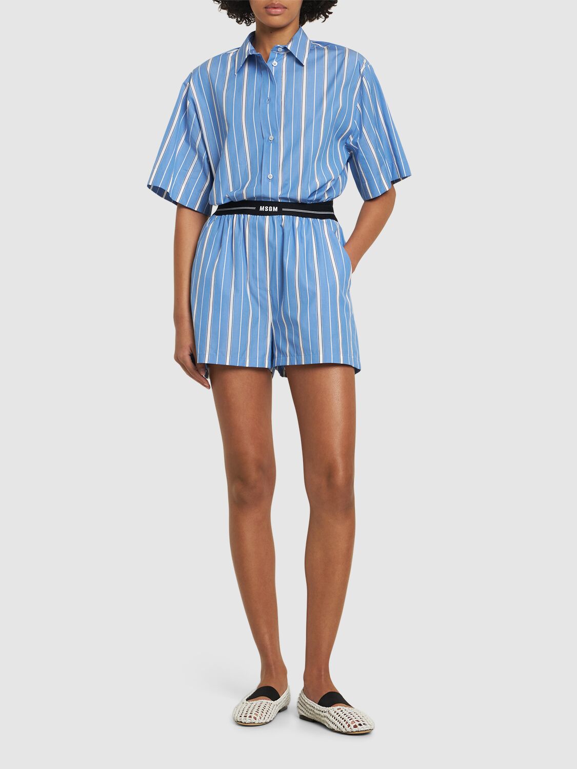 Msgm Blue Bermuda Shorts With Elastic Drawstring Waist With Logo Lettering And All-over Striped Motif In In 蓝色/多色
