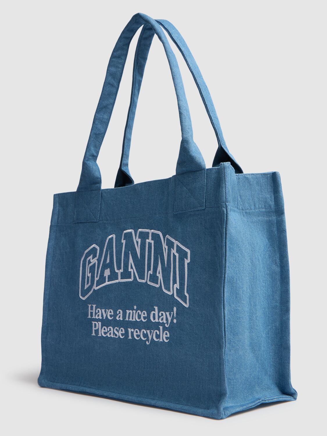 Ganni Logo-embroidered Denim Shoulder Bag In Denim