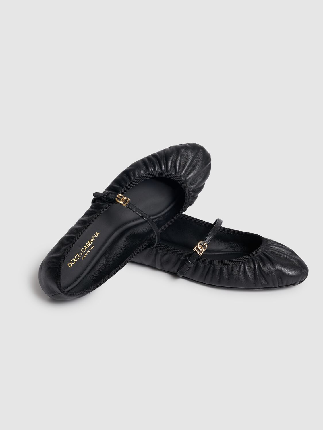 Dolce & Gabbana Black Ballerinas With Metallic Logo And Strap In Leather Woman In Nero/nero