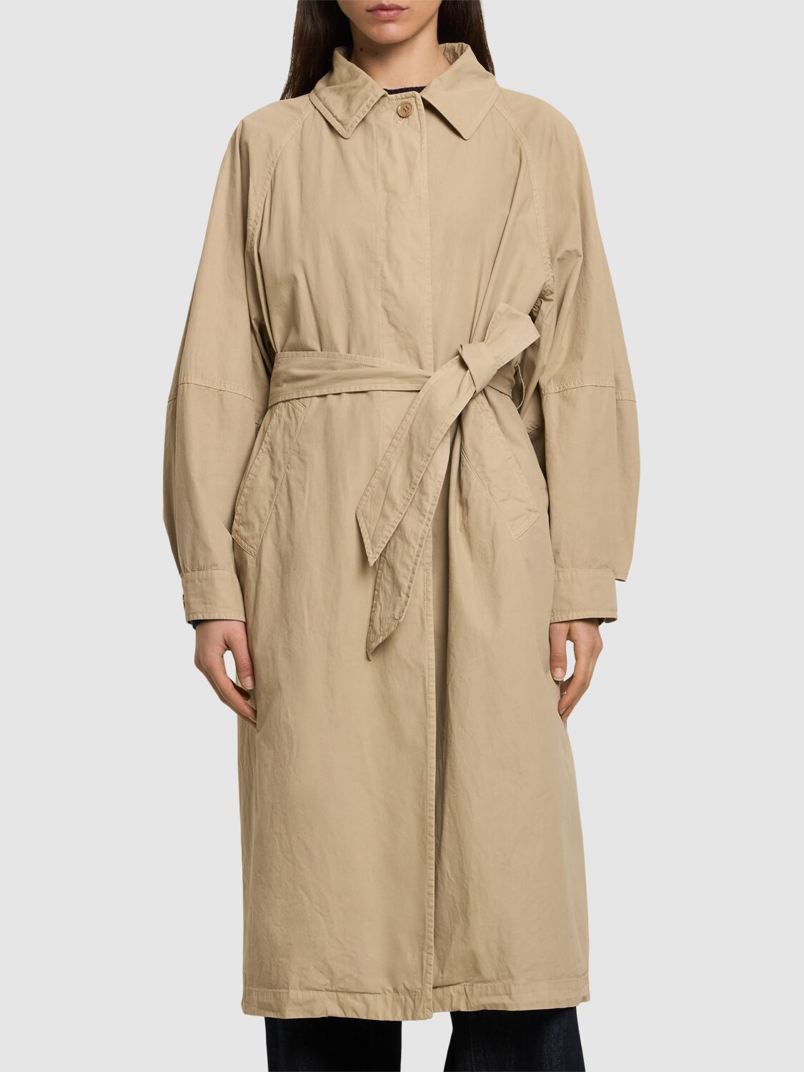 Aspesi Cotton Canvas Belted Long Coat In 米黄色