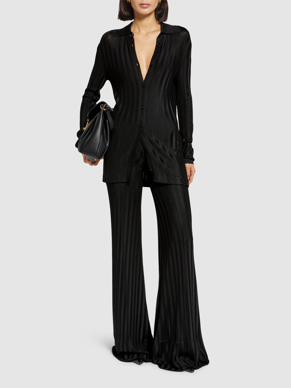 Tom Ford Striped Herringbone Jersey Flared Pants In Black