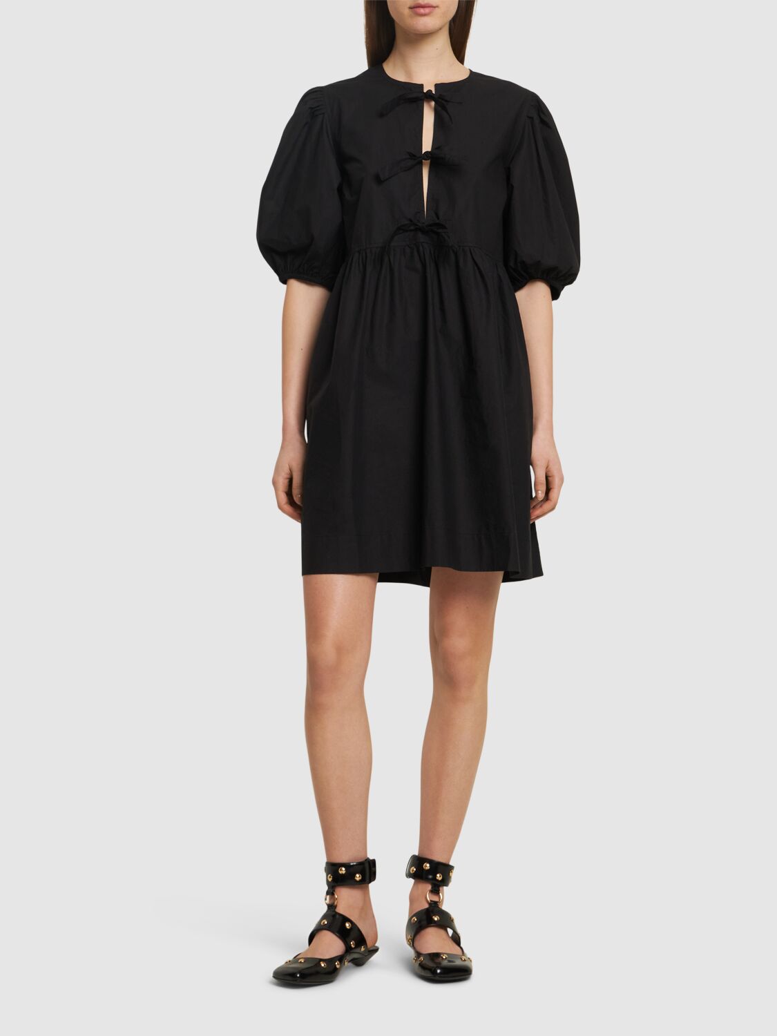 GANNI TIE STRING COTTON POPLIN MINI DRESS 