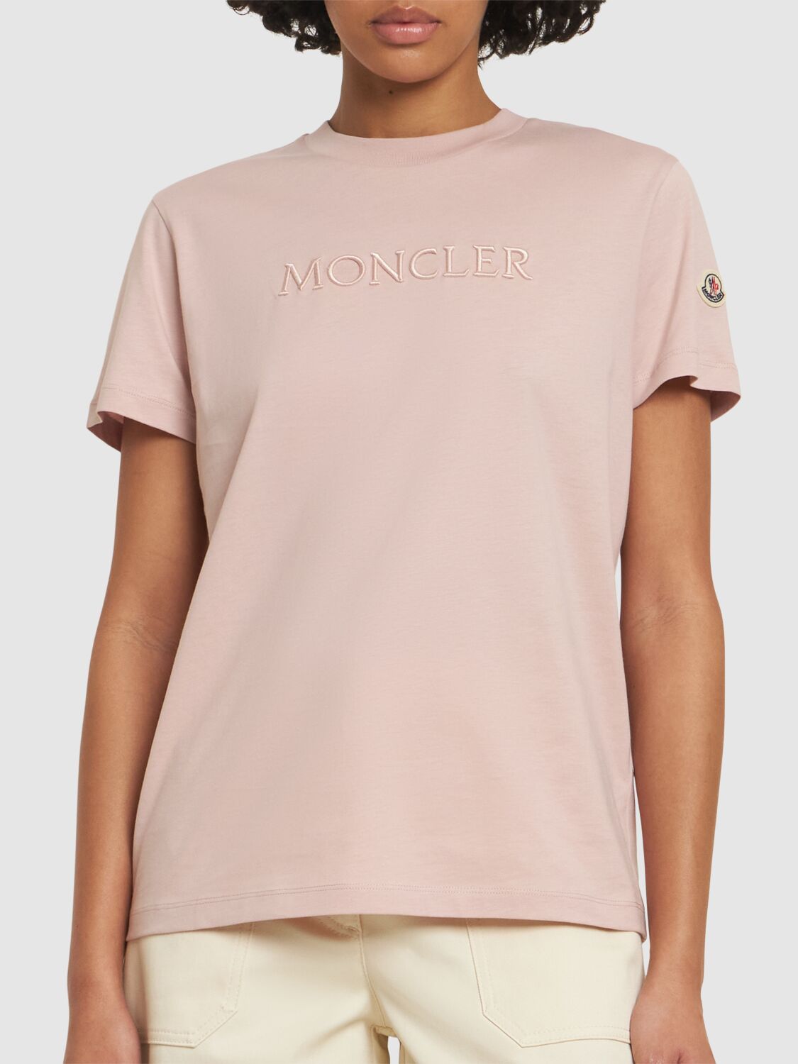 Moncler Pearl-embroidered Logo Cotton T-shirt Pink In Pink