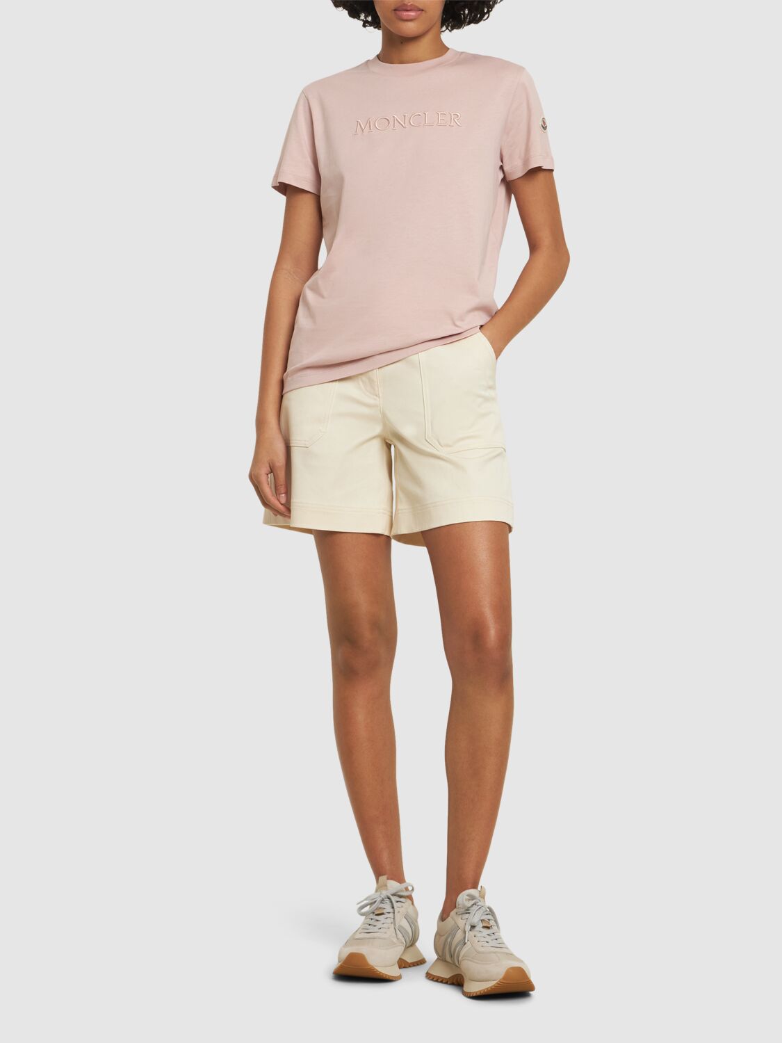 Moncler Pearl-embroidered Logo Cotton T-shirt Pink In Pink