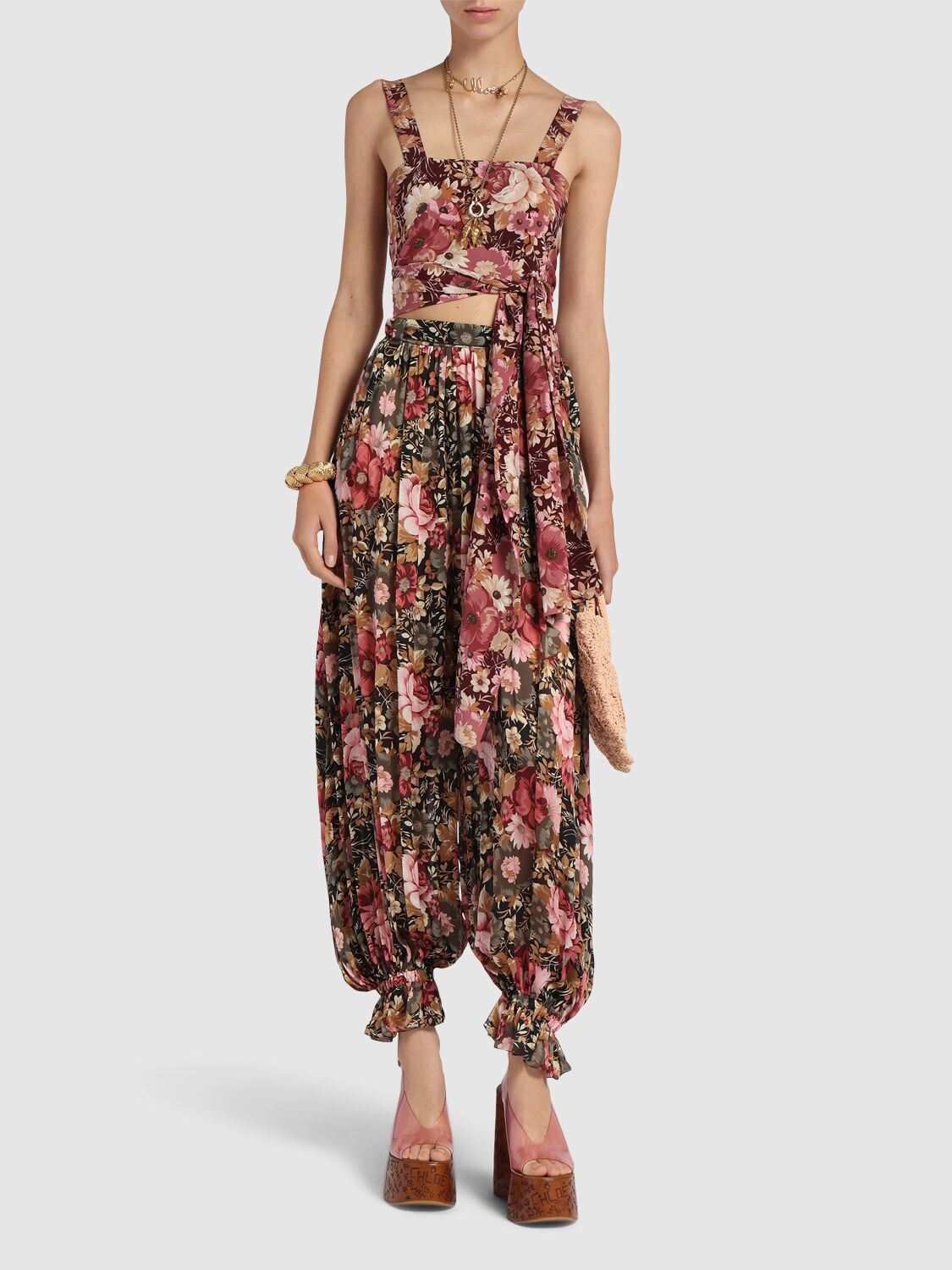 Shop Chloé High Waisted Silk Printed Pants In Black/multi