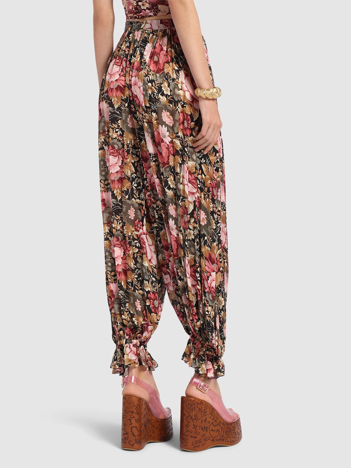 Shop Chloé High Waisted Silk Printed Pants In Black/multi