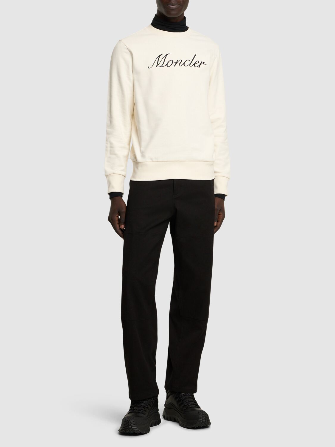 Shop Moncler Embroidered Logo Cotton Sweatshirt In White Ivory
