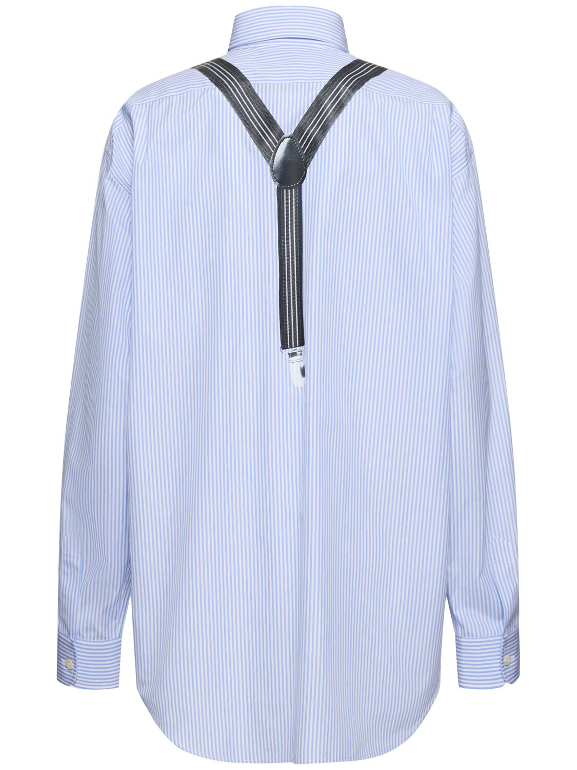 Moschino Couture Light Blue Cotton Striped Shirt With Decorative Straps In Light Blue