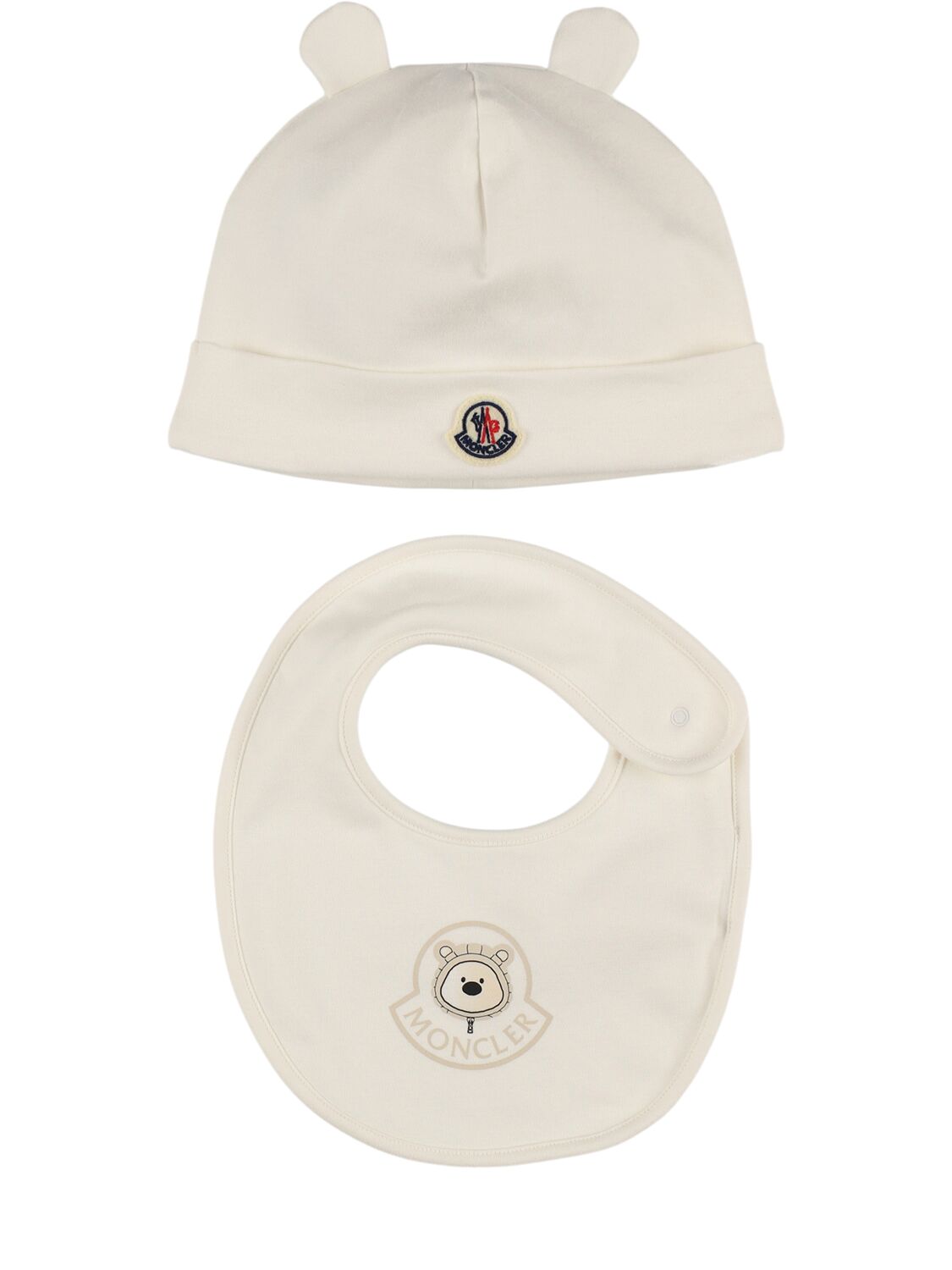 Moncler Logo Cotton Hat & Bib In Neutral