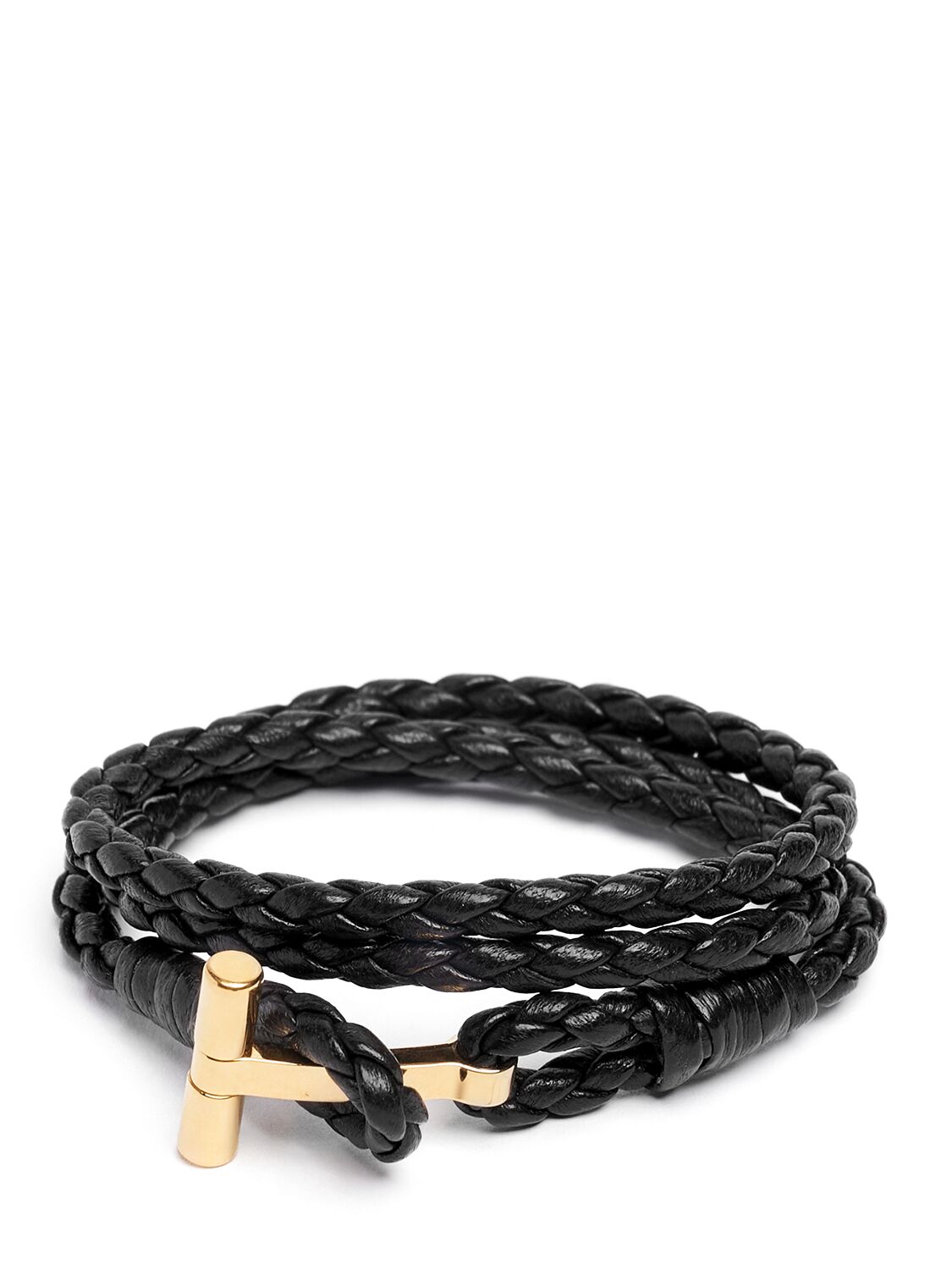 Tom Ford Braided Leather T Wrap Bracelet In Black