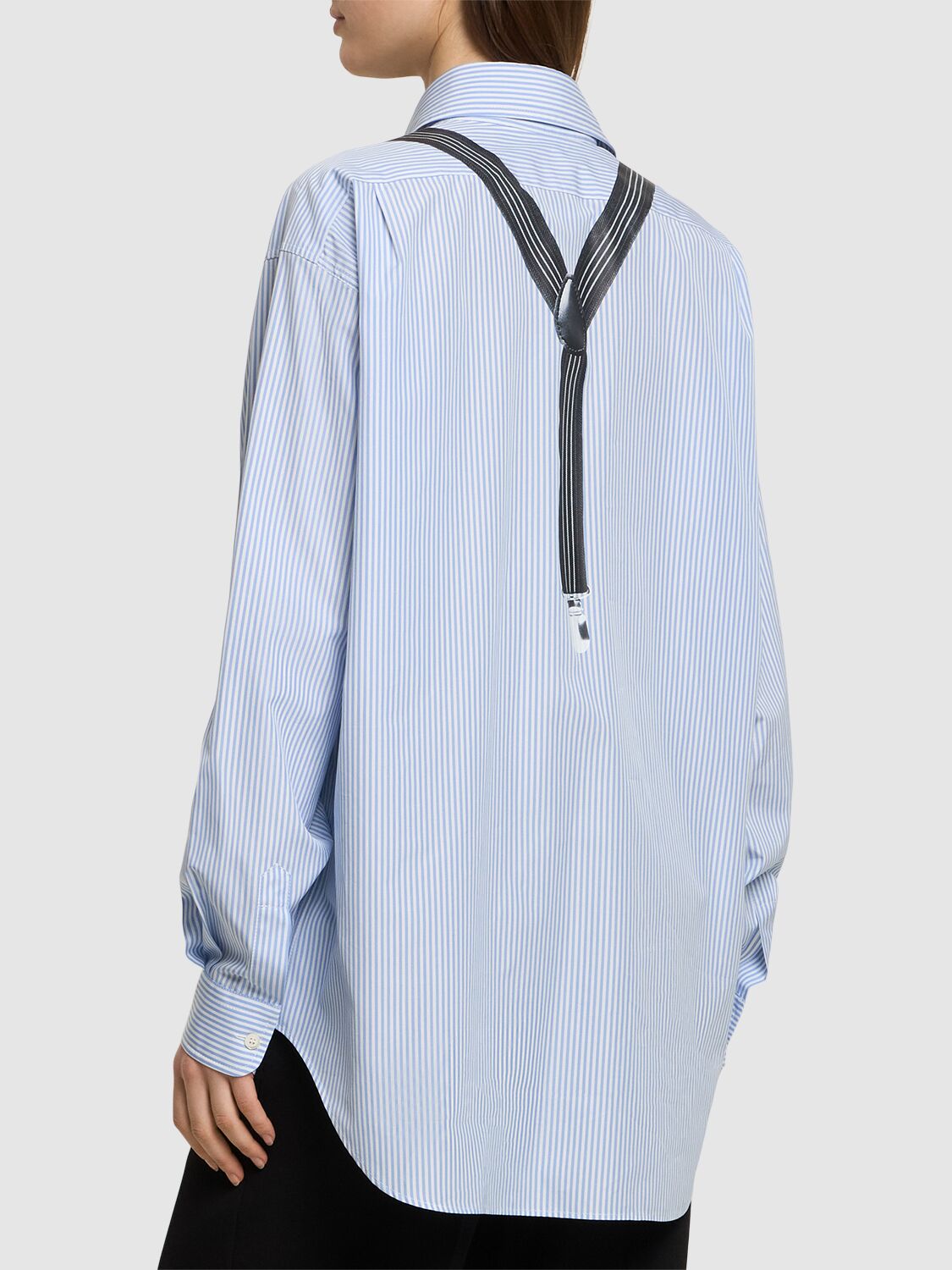 Moschino Couture Light Blue Cotton Striped Shirt With Decorative Straps In Light Blue