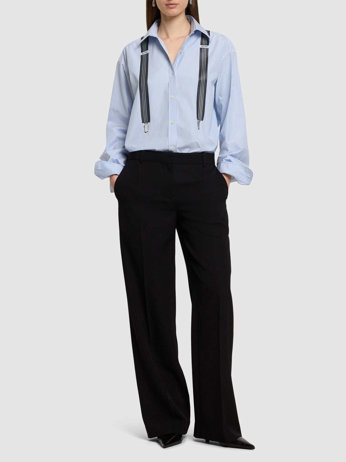 Moschino Couture Light Blue Cotton Striped Shirt With Decorative Straps In Light Blue
