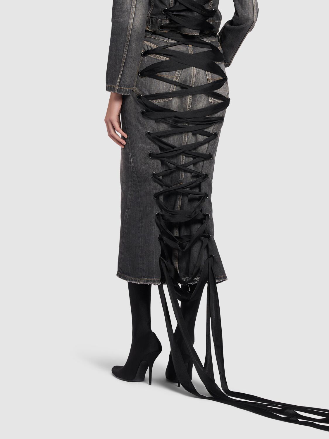 Shop Balenciaga Lace-up Denim Skirt In Dark Grey