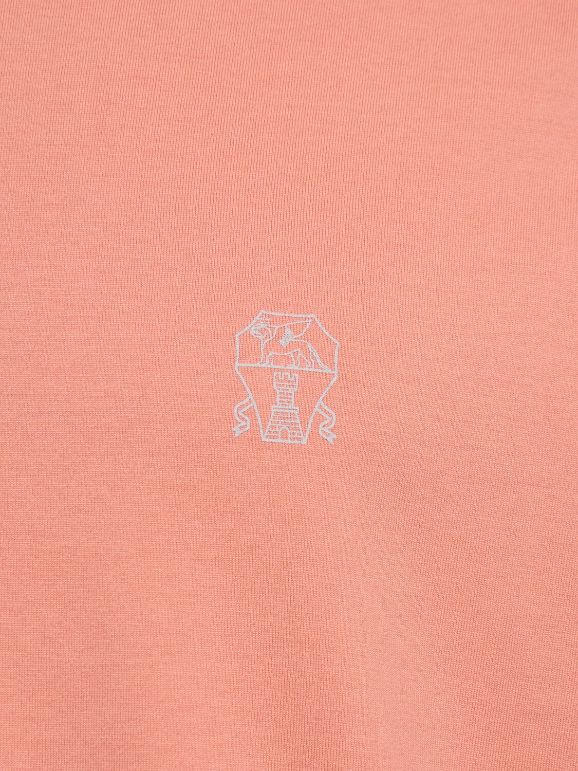 Brunello Cucinelli Light Red Cotton T-shirt With Embroidered Logo In Pompelmo